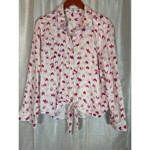 Beachlunchlounge Collection White‎ Pink Print Button Up Tie Front Shirt XL